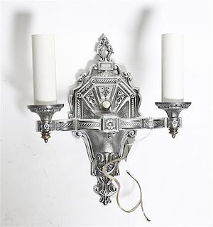 A Neoclassical Silvered Metal Two-Light Sconce, Height 10 1/4 inches.