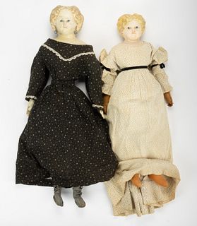 GREINER AND UNMARKED PAPIER-MACHE HEAD LADY DOLLS, LOT OF TWO