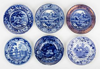 STAFFORDSHIRE TRANSFER-PRINTED CERAMIC CUP PLATES, LOT OF SIX