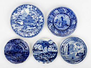 STAFFORDSHIRE TRANSFER-PRINTED CERAMIC CUP PLATES, LOT OF FIVE
