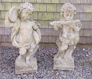 Pair of Antique Baroque Style Cast Stone Garden Putti Musicians