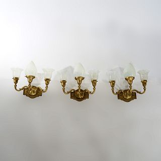 Three Antique Arts & Crafts Brass Wall Sconces with Shades Circa 1920