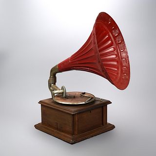 Antique Oak Table Top Phonograph with Horn, circa 1910
