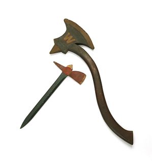 Painted wood fireman's parade axe, 19th c., 32 1/4