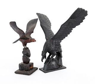 Two carved eagles, ca. 1900, 17" h. and 19 1/4" h.
