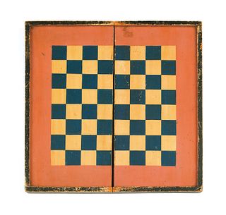 Painted pine checkers and backgammon board, early0