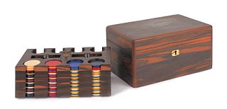 Poker chip set with rosewood case, 5" x 10".