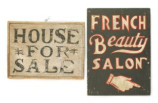 Two wood trade signs to read French Beauty Salon a