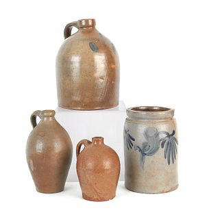 Three stoneware jugs, together with a crock, 19th.