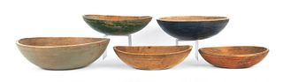 Five painted wooden bowls, largest - 5" h., 17" di