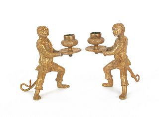 Pair of brass monkey candlesticks, 6 1/4" h., toge