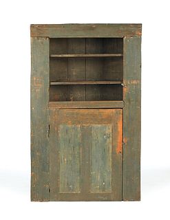 Painted pine one-piece corner cupboard, 19th c., 7