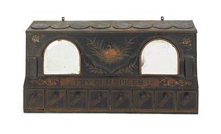 Painted tin spice cabinet, 19th c., 15 3/4" h., 32