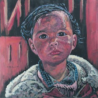 E. Metzger Nepalese Child  Portrait Oil on Panel