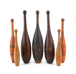 Seven wooden Indian clubs, 19th c., tallest - 24".