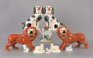 Pair of Staffordshire lions, 10 3/4", together wit