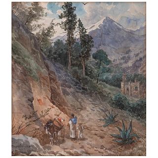 AUGUST LÖHR. VISTA CON VOLCÁN. Acuarela sobre papel. Firmado y fechado "August Lohr / Mexico /1906". 39 x 34 cm