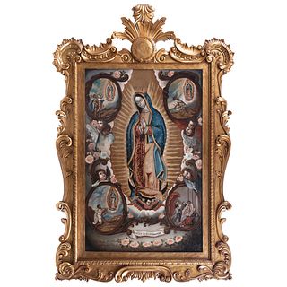VIRGEN DE GUADALUPE CON APARICIONES. MÉXICO, SIGLO XVIII. Óleo sobre tela. Con leyenda en la esquina inferior izquierda. 181 x 116 cm