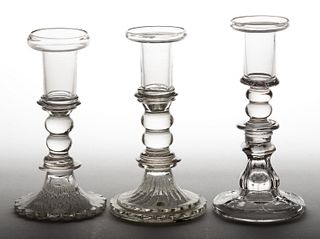 ASSORTED FREE-BLOWN AND PRESSED GLASS CANDLESTICKS, LOT OF THREE