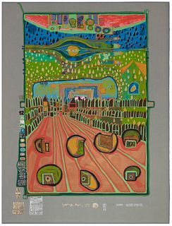 Friedensreich Hundertwasser (1928-2000), "Street for Survivors" from the "Look at it on a Rainy Day (Regentag Portfolio)," 1972, Screenprint in colors