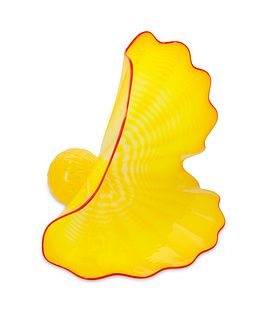 Dale Chihuly (b. 1941), "Yellow Persian" (with red lip wrap), 1996, Glass, 11.5" H x 12.5" W x 8.5" D