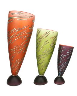 Robert Wynne (b. 1959), Three studio art glass vases, 2001, Largest: 25" H x 8" W x 9.125" D; smallest: 14" H x 6" W x 5.25" D