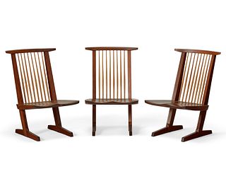 George Nakashima (1905-1990), Three "Conoid Lounge" chairs, 1991; New Hope, Pennsylvania, Each: 34" H x 22.5" W x 22.5" D
