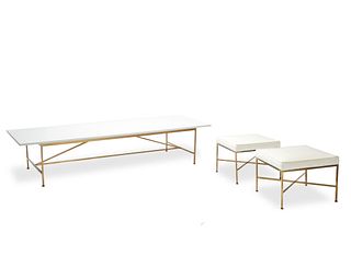 Paul McCobb (1917-1969), A cocktail table with two ottomans, mid-20th century, Table: 15" H x 72" W x 24" D; each ottoman: 15.75" H x 20.25" W x 20.25