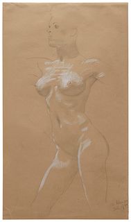 Max Klinger, (1857-1920), Female nude, 1909, Pencil and gouache on beige paper, Sheet: 27.625" H x 15" W