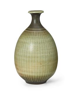 Harrison McIntosh (1914-2016), A sgraffito glazed stoneware bottle vase, late 20th century, 9.75" H x 5" Dia.