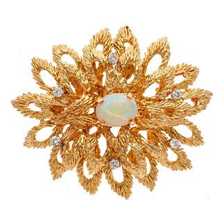 Opal, Diamond, 14k Yellow Gold Flower Brooch