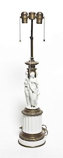 A Neoclassical Bisque Gilt Metal Mounted Lamp Base, Height 29 inches.