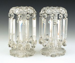 Pair of cut glass diamond pattern lusters, 11 1/2"