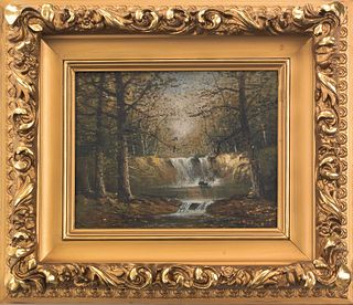 English oil on canvas landscape with a waterfall,a