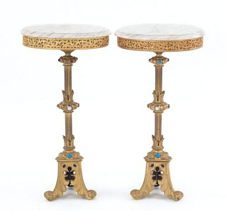 Pair of brass marble top stands, 29 3/4" h., 14 3/