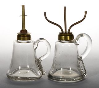PRESSED GLASS KEROSENE / FLUID FINGER LAMPS, LOT OF TWO