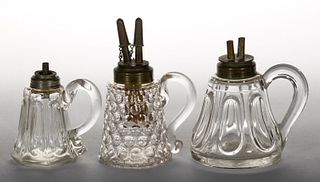 ASSORTED PRESSED GLASS KEROSENE / FLUID FINGER LAMPS, LOT OF THREE