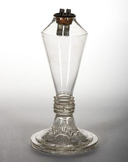 FREE-BLOWN AND PRESSED GLASS WHALE OIL / FLUID STAND LAMP