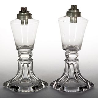 FREE-BLOWN AND PRESSED GLASS WHALE OIL / FLUID PAIR OF STAND LAMPS