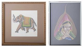 Two Indian Watercolors on Silk & a Leaf