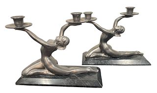 Art Deco Petites Choses Pewter and Marble Candleholders, Pair 