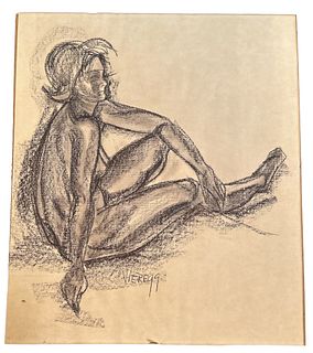 Mid Century Seated Nude Sketch on Paper 