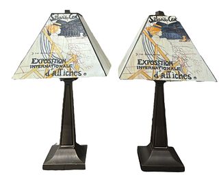 Pair, Table Lamps w French Advertising Poster Shades