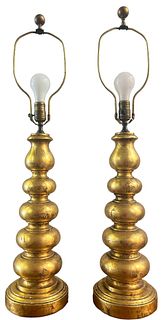 Mid Century Hollywood Regency Gold Carved Wood Lamps, Pair 