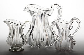 PILLAR-MOLDED GLASS PITCHERS, LOT OF THREE