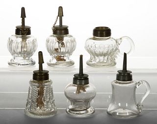 ASSORTED PRESSED GLASS KEROSENE / FLUID SPARKING LAMPS, LOT OF SIX
