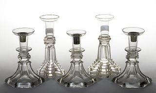 FREE-BLOWN AND PRESSED GLASS CANDLESTICKS, LOT OF FIVE