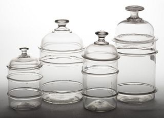FREE-BLOWN GLASS RING JARS, LOT OF FOUR