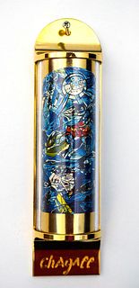Marc Chagall- Mezuzah - silkscreen on 24K gold plated bronze "12 Tribes Hadassah Windows - Reuben"