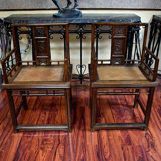 Pr Chinese Square Form Carved Wood Armchairs